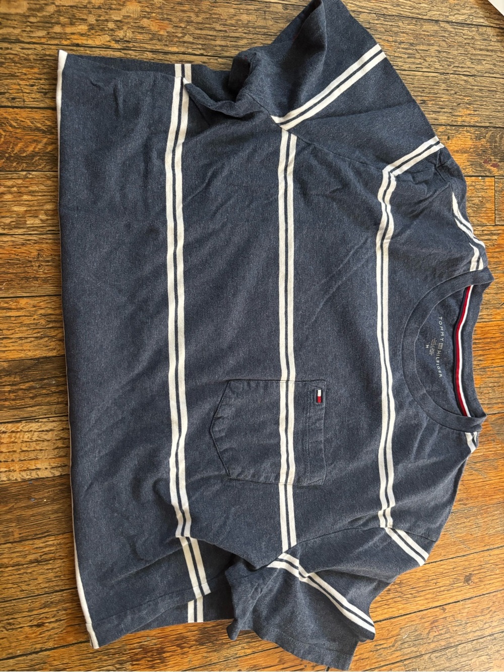 Tommy Hilfiger Navy and White Striped Short-Sleeve Pocket Tee